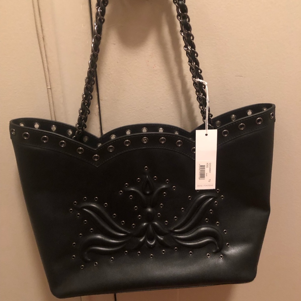 Stunning Anne Fontaine Giovanny Italian Black Leather Embossed/Studded Tote Bag